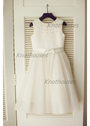Ivory Satin Tulle Beading Knee Length Flower Girl Dress